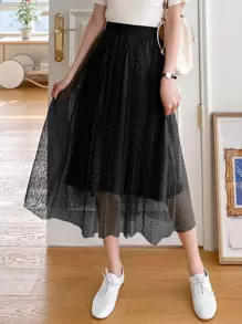 DAZY High Waist Embroidery Mesh Skirt - Black - View 1