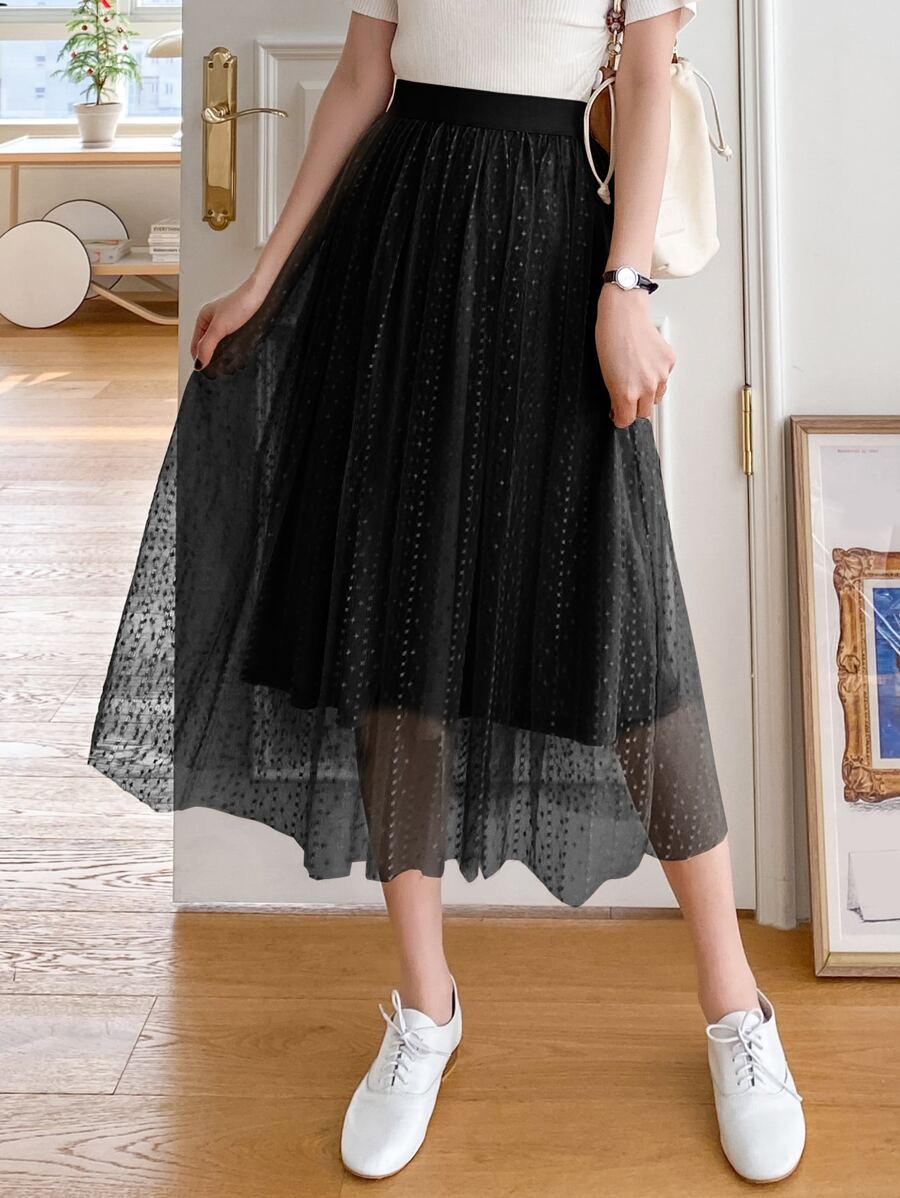 DAZY High Waist Embroidery Mesh Skirt - Black - View 1