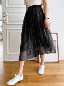 DAZY High Waist Embroidery Mesh Skirt - Black - View 3