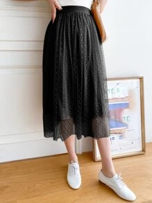 DAZY High Waist Embroidery Mesh Skirt - Black - View 4
