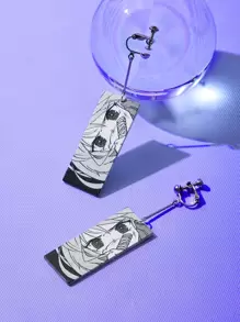 ROMWE Anime Pendientes largos geométricos con estampado de figura