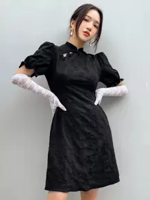DAZY Vestido con botón rana de manga farol sin guantes - Negro - Ver 1