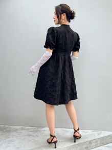 DAZY Vestido con botón rana de manga farol sin guantes - Negro - Ver 2