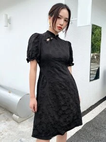 DAZY Vestido con botón rana de manga farol sin guantes - Negro - Ver 3