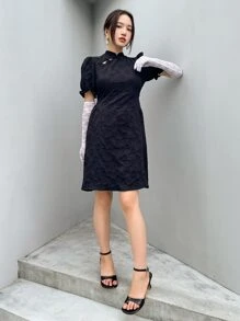 DAZY Vestido con botón rana de manga farol sin guantes - Negro - Ver 4