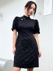 DAZY Vestido con botón rana de manga farol sin guantes - Negro - Ver 6