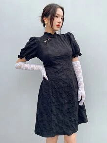 DAZY Vestido con botón rana de manga farol sin guantes - Negro - Ver 7