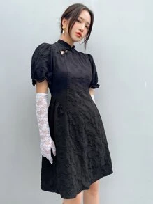 DAZY Vestido con botón rana de manga farol sin guantes - Negro - Ver 8
