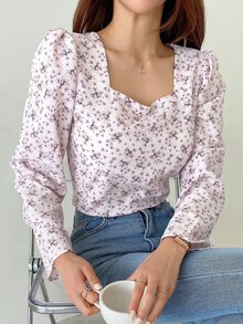 DAZY 小碎花方領泡泡袖襯衫 - 淡紫色 - 查看 3