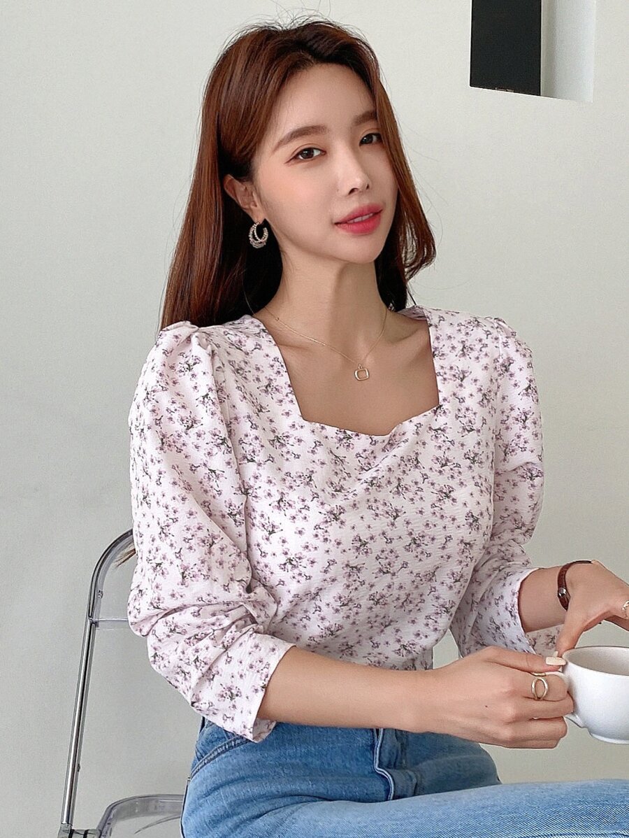 DAZY 小碎花方領泡泡袖襯衫 - 淡紫色 - 查看 1