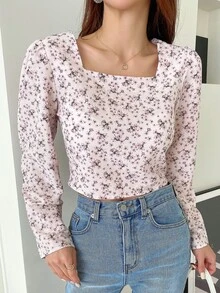 DAZY 小碎花方領泡泡袖襯衫 - 淡紫色 - 查看 4