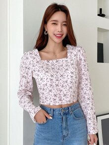 DAZY 小碎花方領泡泡袖襯衫 - 淡紫色 - 查看 6