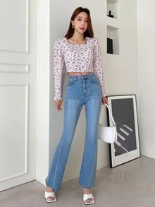 DAZY 小碎花方領泡泡袖襯衫 - 淡紫色 - 查看 7