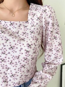 DAZY 小碎花方領泡泡袖襯衫 - 淡紫色 - 查看 8