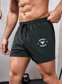 Manfinity Fitness Boyfriend Style Men Cattle & Letter Graphic Drawstring Waist Sports Shorts Gym Shorts Jogger Shorts Grey Shorts - Dark Grey - View 1