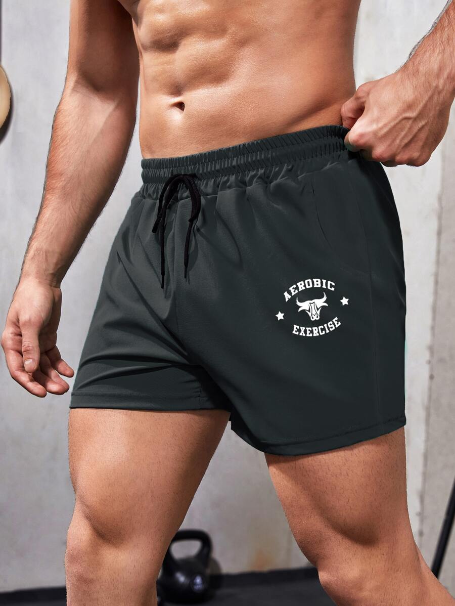 Manfinity Fitness Boyfriend Style Men Cattle & Letter Graphic Drawstring Waist Sports Shorts Gym Shorts Jogger Shorts Grey Shorts - Dark Grey - View 1
