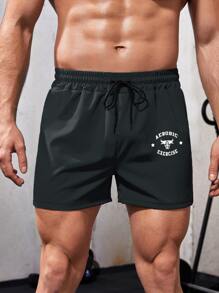 Manfinity Fitness Boyfriend Style Men Cattle & Letter Graphic Drawstring Waist Sports Shorts Gym Shorts Jogger Shorts Grey Shorts - Dark Grey - View 3