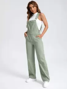 SHEIN EZwear Patched Pocket Denim Dungarees Without Tank Top - Mint Green - View 4