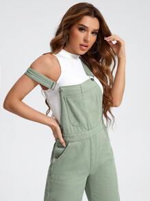SHEIN EZwear Patched Pocket Denim Dungarees Without Tank Top - Mint Green - View 5