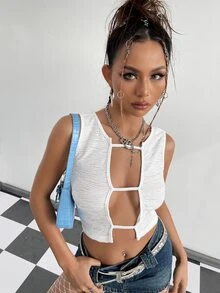 SHEIN ICON Cut Out Crop Tank Top - White - View 3