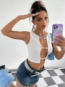 SHEIN ICON Cut Out Crop Tank Top - White - View 6