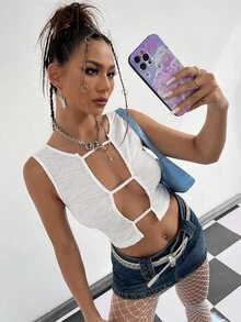 SHEIN ICON Cut Out Crop Tank Top - White - View 7