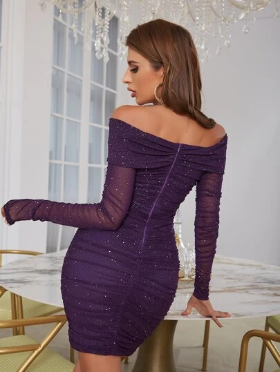 D&M Off Shoulder Ruched Sequin Bodycon Dress Elegant Long Sleeve Cocktail Semi Formal Prom Wedding Guest Dress, For Birthday, Graduation, Dinner, Homecoming Party Dress Spring
