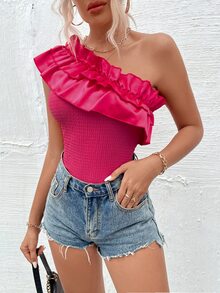 Top de un hombro ribete con fruncido