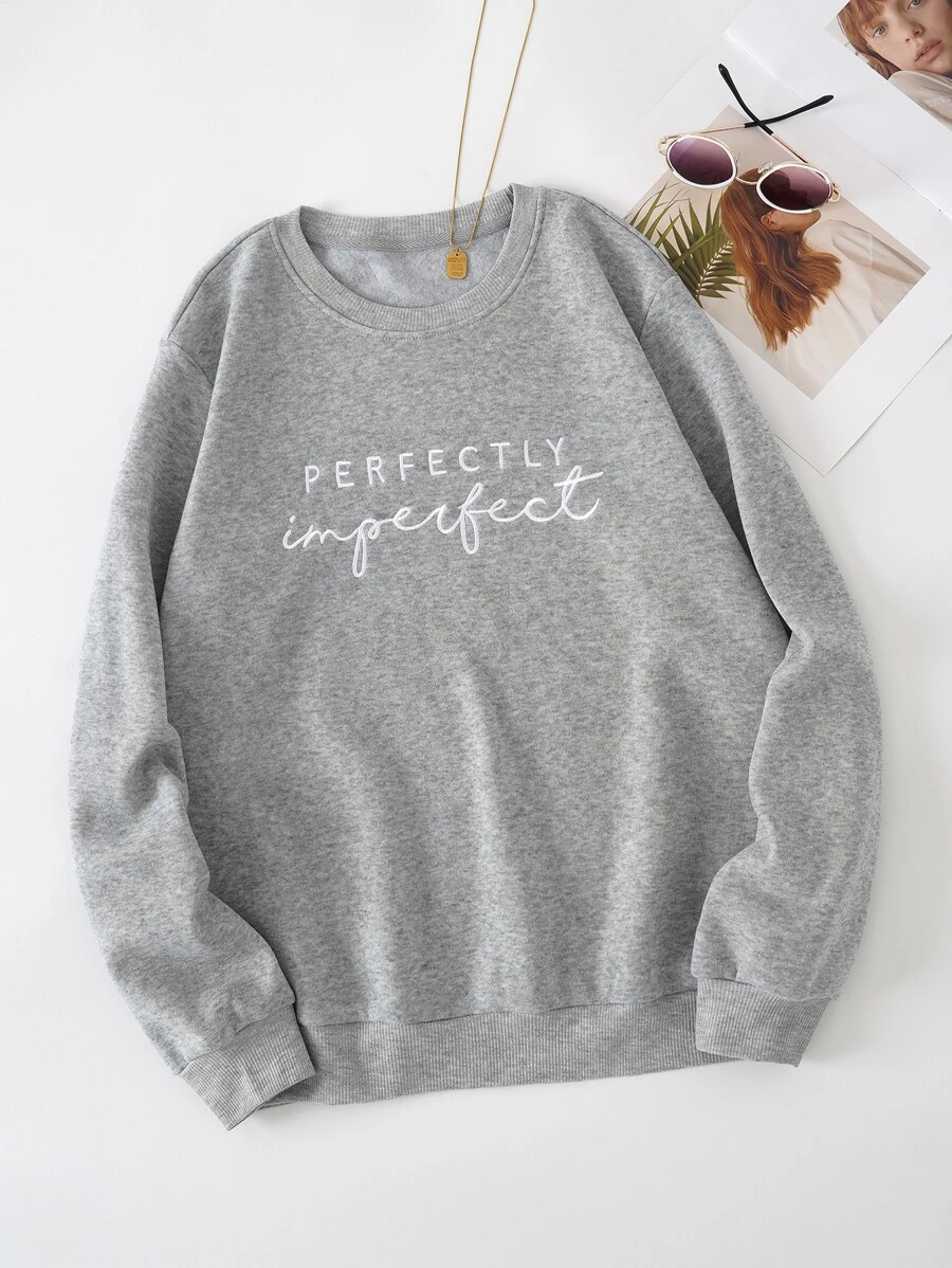 SHEIN EZwear Letter Graphic Thermal Lined Sweatshirt Pullover Fall - Light Grey - View 1