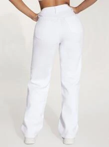 SHEIN PETITE Slant Pocket Straight Leg Jeans - White - View 2