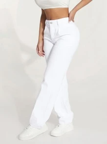 SHEIN PETITE Slant Pocket Straight Leg Jeans - White - View 3
