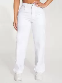 SHEIN PETITE Slant Pocket Straight Leg Jeans - White - View 4