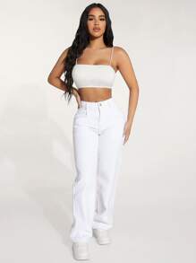 SHEIN PETITE Slant Pocket Straight Leg Jeans - White - View 5