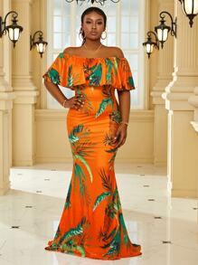 Vestido de vestir con estampado tropical de hombros descubiertos ribete con fruncido bajo sirena - Naranja - Ver 1