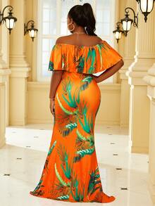 Vestido de vestir con estampado tropical de hombros descubiertos ribete con fruncido bajo sirena - Naranja - Ver 2