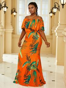 Vestido de vestir con estampado tropical de hombros descubiertos ribete con fruncido bajo sirena - Naranja - Ver 5