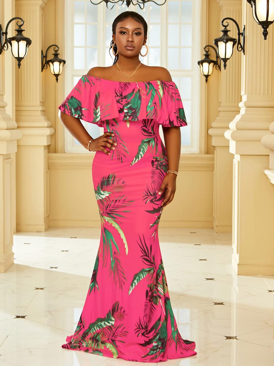 Plus Tropical Print Off Shoulder Ruffle Trim Maxi Formal Dress - Hot Pink - View 1