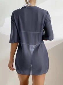 隨機圖案印花落肩袖罩衫連衣裙不附比基尼 - 藏蓝色 - 查看 2