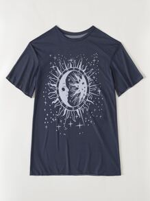 隨機圖案印花落肩袖罩衫連衣裙不附比基尼 - 藏蓝色 - 查看 3