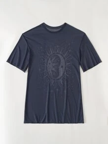 隨機圖案印花落肩袖罩衫連衣裙不附比基尼 - 藏蓝色 - 查看 4