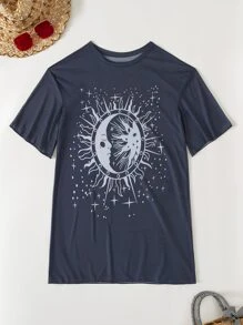 隨機圖案印花落肩袖罩衫連衣裙不附比基尼 - 藏蓝色 - 查看 7