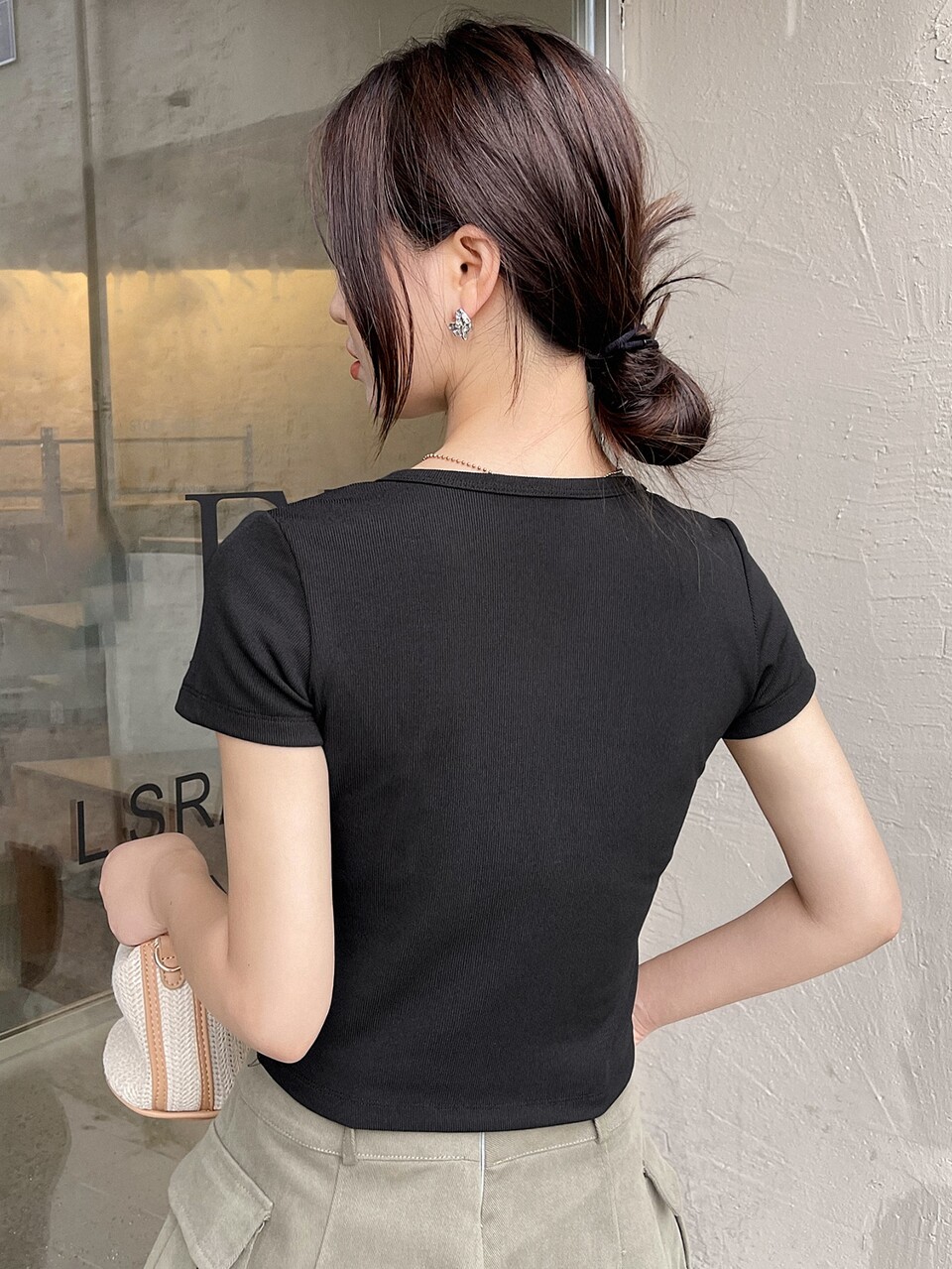 Ribbed Knit Notched Neck Tee,Crop Tops Women