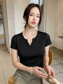 DAZY 女式罗纹针织缺口领T恤、短款上衣 - 黑色 - 查看 4