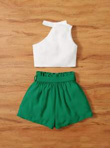 SHEIN 女孩不對稱領上衣和紙袋腰附腰帶短褲 - 彩色 - 查看 2