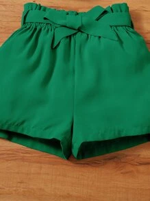 SHEIN 女孩不對稱領上衣和紙袋腰附腰帶短褲 - 彩色 - 查看 3