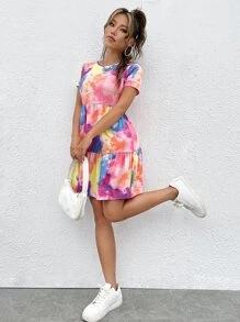 SHEIN LUNE Đầm Viên lá sen Cà vạt nhuộm Giải trí - Nhiều màu - Xem 4