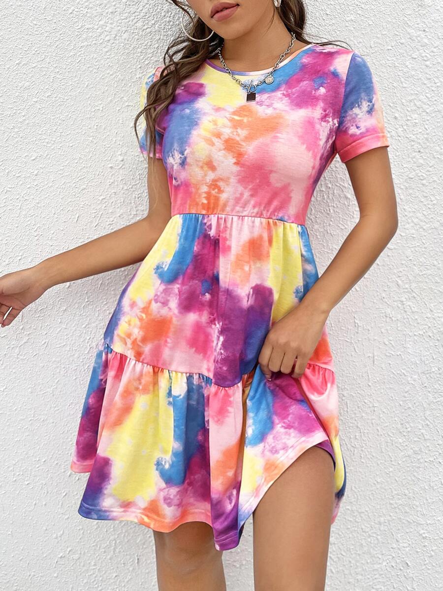 SHEIN LUNE Đầm Viên lá sen Cà vạt nhuộm Giải trí - Nhiều màu - Xem 1