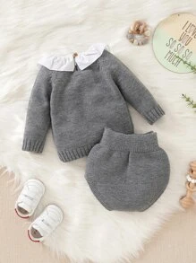 嬰兒蘑菇圖案荷葉邊套頭毛衣和針織短褲 - 深灰色 - 查看 2