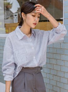 DAZY 条纹落肩口袋贴布衬衫、长袖上衣、秋装 - 藍白色 - 查看 1