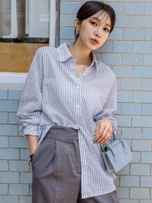 DAZY 条纹落肩口袋贴布衬衫、长袖上衣、秋装 - 藍白色 - 查看 3